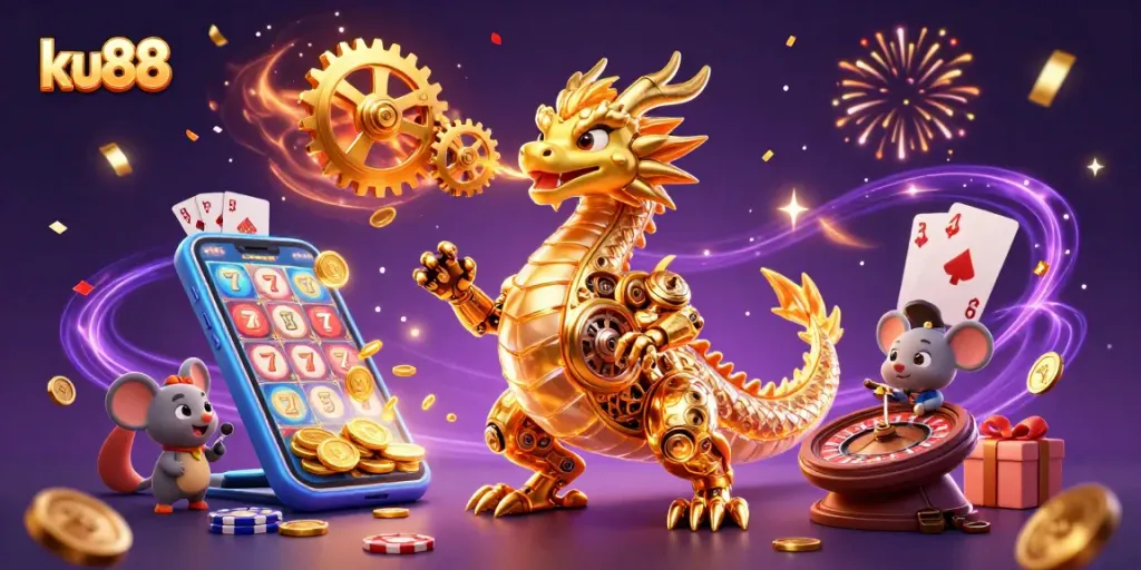 Experience exciting gameplay at ku88 with a dynamic scene featuring a golden dragon and casino game elements.