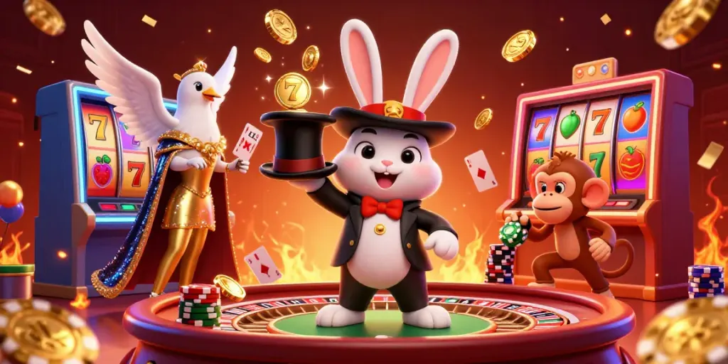 Witness an enchanting online casino scene with a magician rabbit pulling coins, a sequined dove, and poker chips.