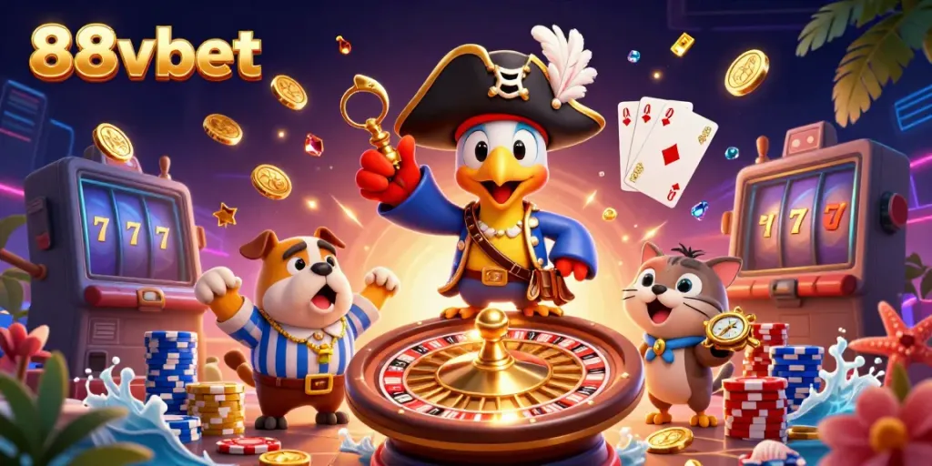 Experience thrilling adventures at 88vbet as a pirate captain leads the way through a vibrant casino scene.