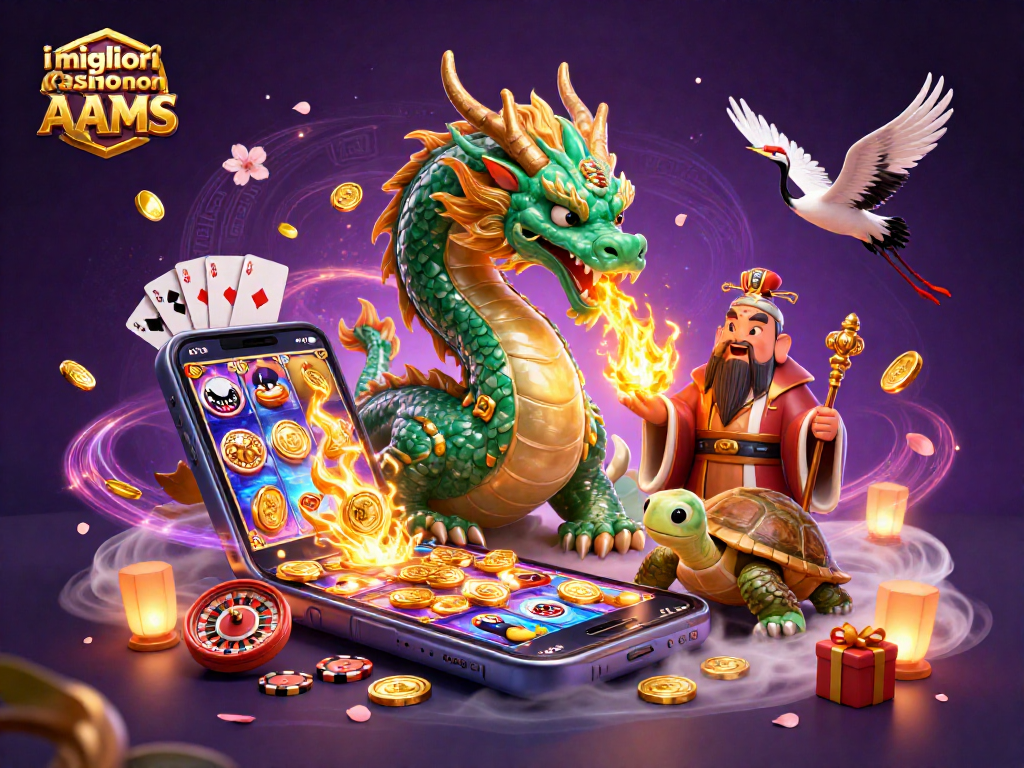 Vivi l'esperienza dei migliori casino non AAMS con un drago di giada e simboli del gioco fortunati in un'illustrazione vivace.