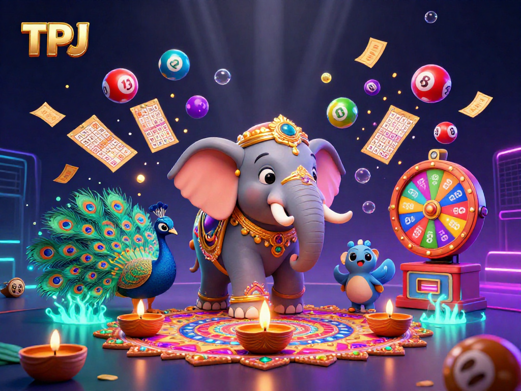 Engage in thrilling lottery games with TPJ's vibrant and animated 3D casino illustration full of elements.
