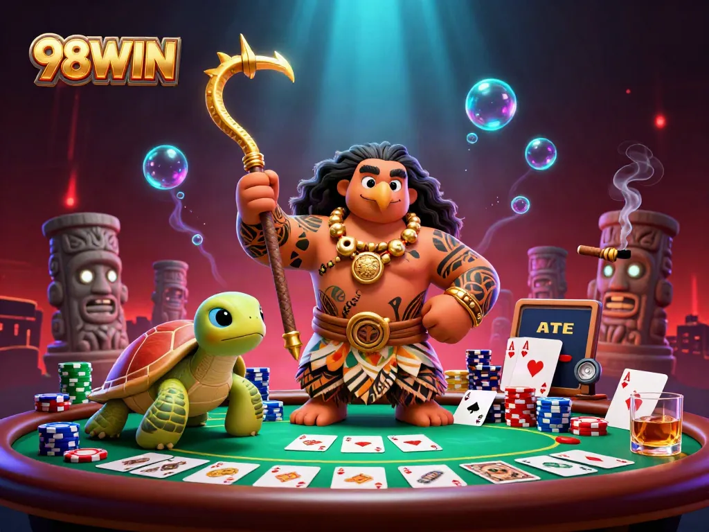 Engage with vibrant 98WIN casino action featuring a Polynesian demigod and turtle amidst colorful poker elements.