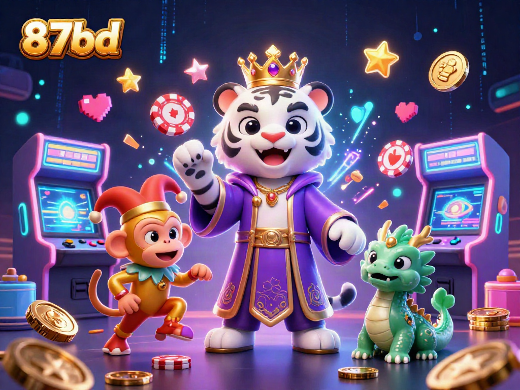 87bd showcases a vibrant scene with a cartoon tiger, monkey juggling, and glowing casino elements.