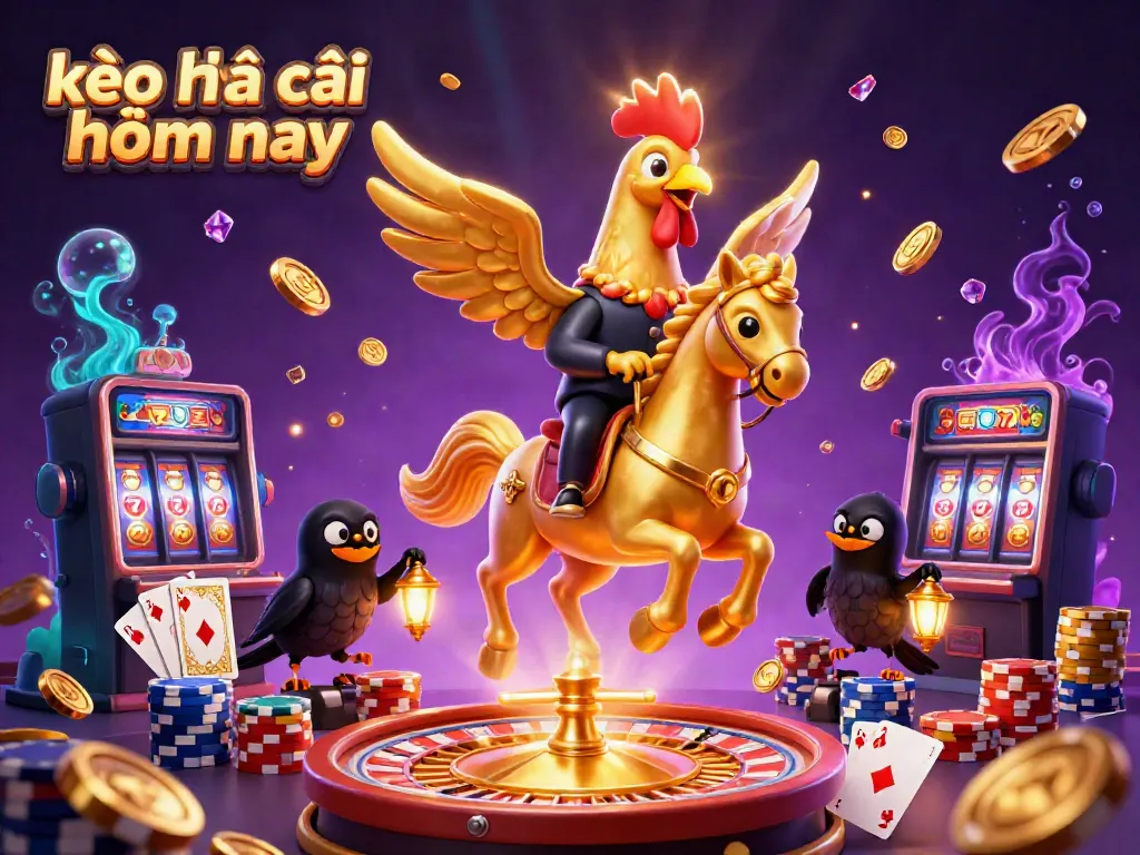 Experience kèo nhà cái hôm nay in a vibrant casino scene with golden rooster and spooky elements.