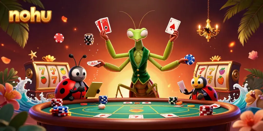 Nohu card sharp and ladybug pit boss interacting with poker chips and golden slot reels, vibrant casino scene.