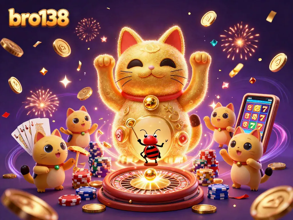 Experience wins at bro138 with a vibrant scene of a lucky cat and expressive casino elements.