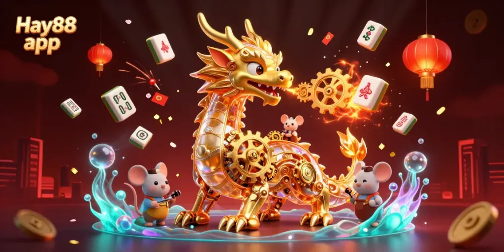 Engage with the Hay88 app through this vibrant, action-packed casino scene featuring a golden dragon and luck-enhancing elements.