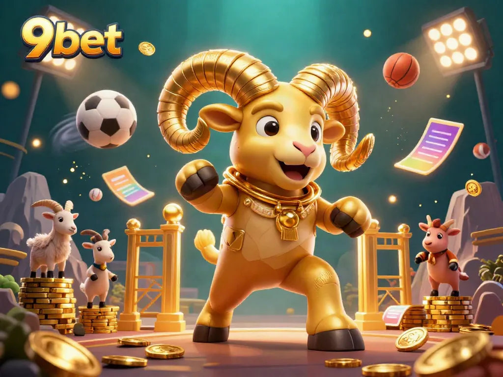 Engage with 9bet's thrilling sports scene featuring a massive golden ram charging through a dynamic array of sports elements.