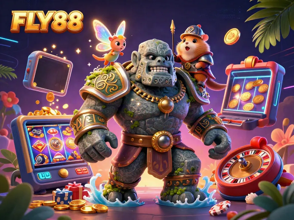 FLY88 features a vibrant casino scene with lively characters and dynamic slot game elements.