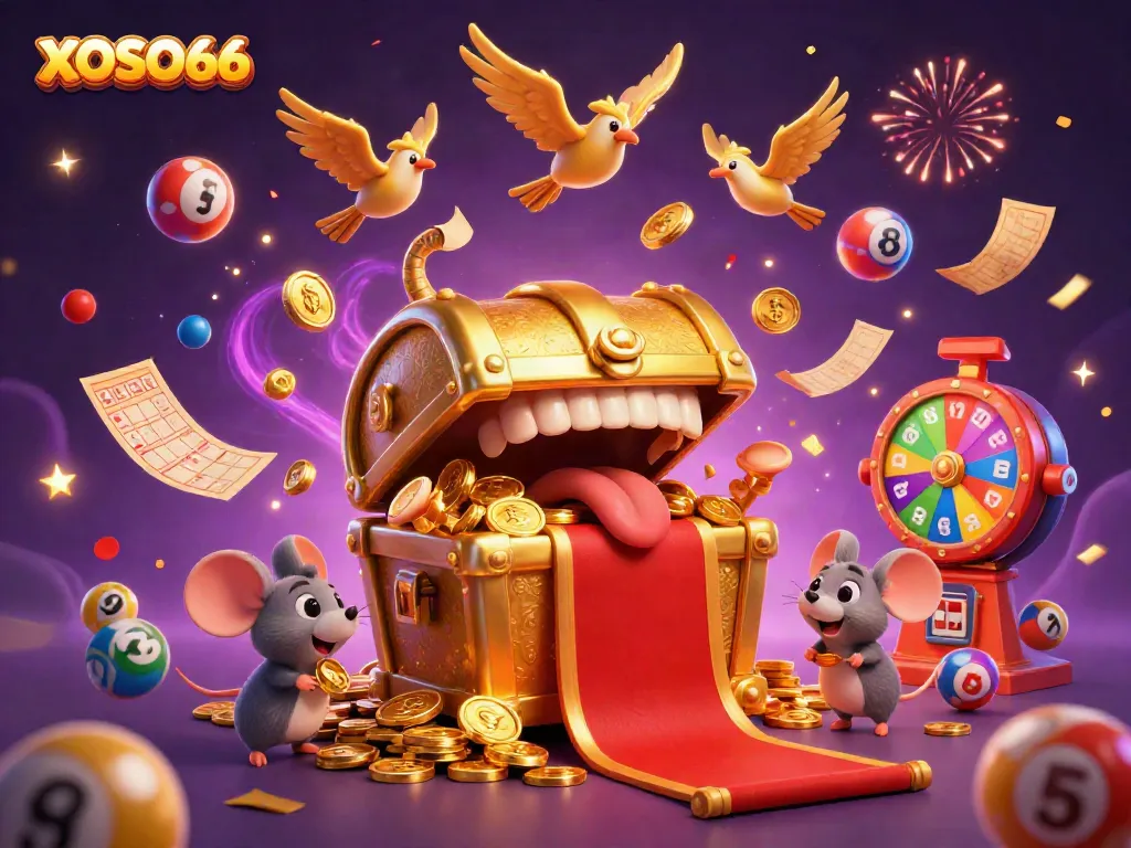 XOSO66 offers a thrilling lottery experience, showcasing colorful lottery balls and a treasure chest in this dynamic visual.