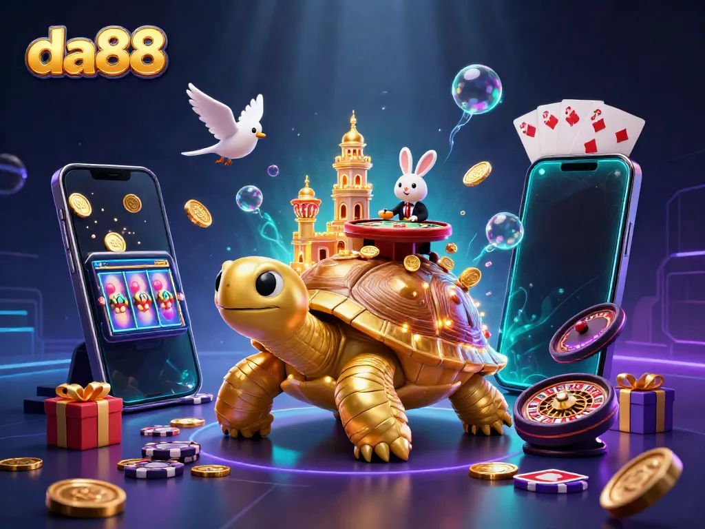 Engage with da88's thrilling gaming experience featuring a golden tortoise casino and dynamic elements.