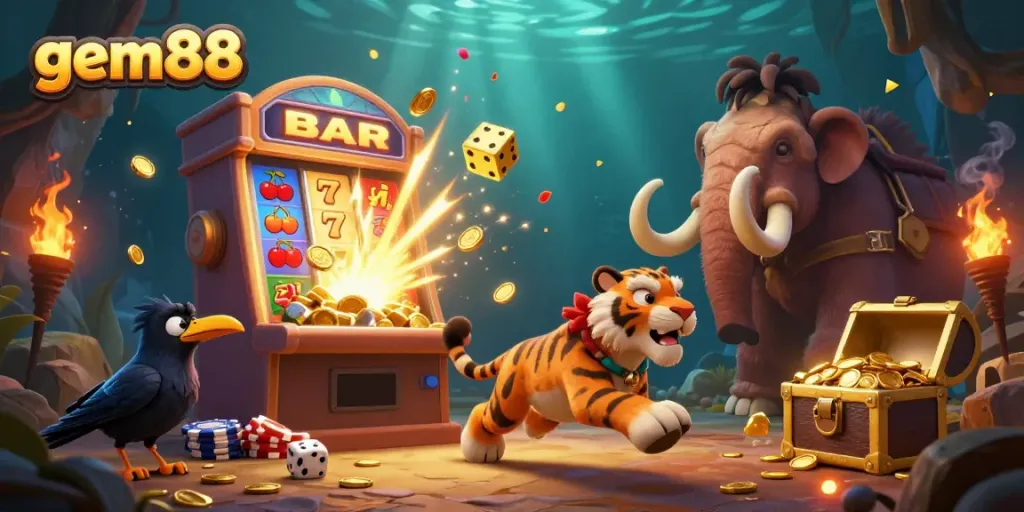 Experience thrilling moments at gem88 with an exciting casino scene featuring colorful slot machines and characters.