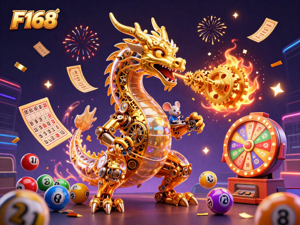 Engage with F168's thrilling casino experience featuring a golden dragon and vibrant lottery elements.