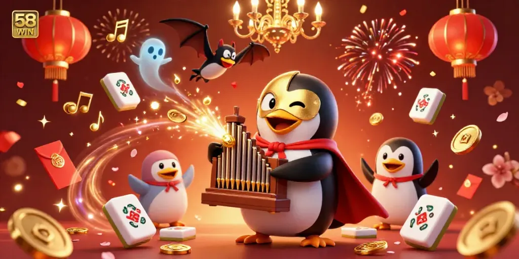 Experience the thrill of 58WIN with a vibrant 3D casino scene featuring a phantom penguin playing its magical organ amidst golden treasures.