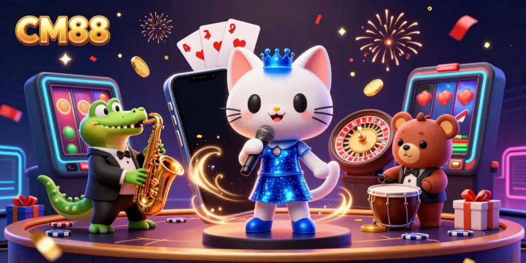 Experience the vibrant entertainment at CM88 casino with a jazz-singer cat, saxophone crocodile, and drum-playing bear in a lively scene.